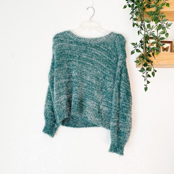 🦋 ANTHROPOLOGIE Maeve Tinsel Eyelash Sweater Green Shimmer Size Small - Picture 3 of 6